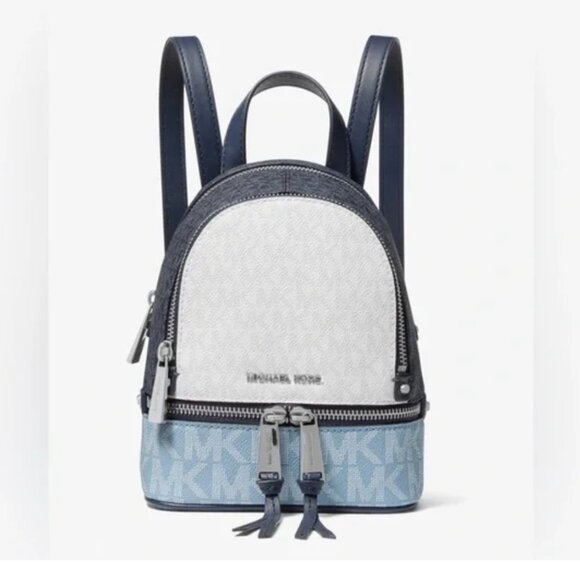 Michael Kors Rhea Mini Color-Block Logo Chambry/Navy Backpack - Picture 1 of 15